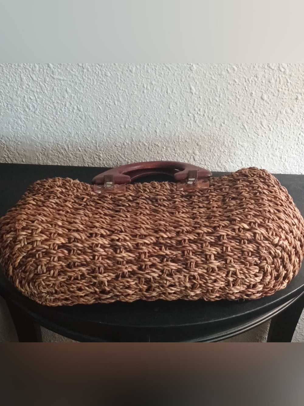Woven Straw Basket Handbag with Repurposed LV Patch & Wood Handles - Picture 4 of 5